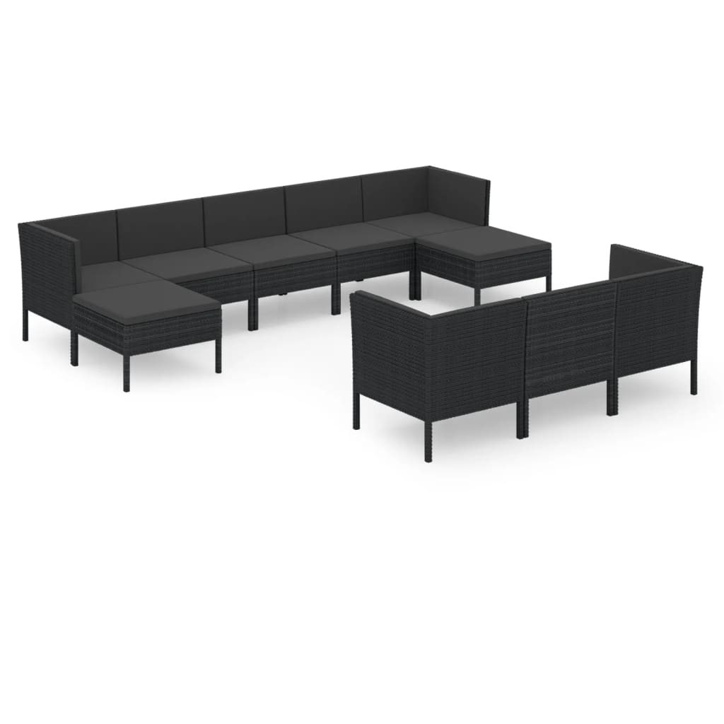 10 részes fekete polyrattan kerti bútorszett párnákkal (3094581)
