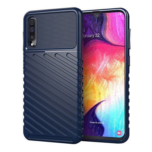 Szilikon telefonvédő (közepesen ütésálló, csíkos, dombor minta) SÖTÉTKÉK [Samsung Galaxy A50s (SM-A507F)]