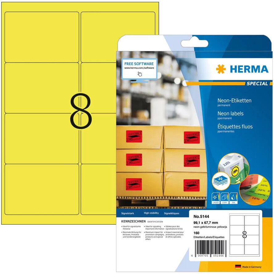 HERMA Etiketten A4 neon-gelb 99,1x67,7 mm Papier 160 St. (5144) (5144)