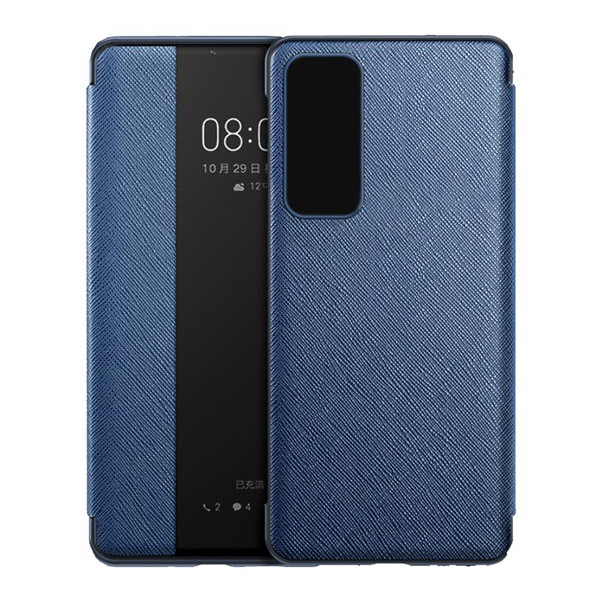 Tok álló, bőr hatású (aktív FLIP, oldalra nyíló, View Window, textil minta) KÉK [Huawei P40] (5996457966288)