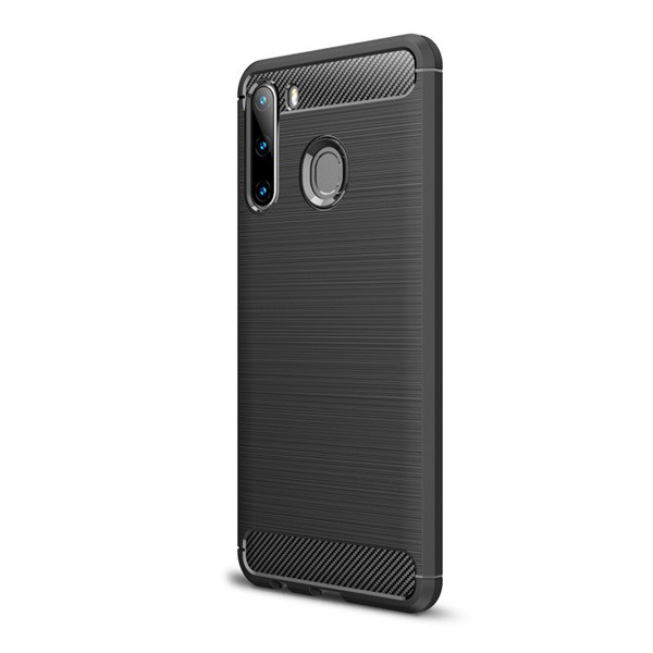 Szilikon telefonvédő (közepesen ütésálló, légpárnás sarok, szálcsiszolt, karbon minta) FEKETE [Samsung Galaxy A21 (SM-A210F)] (5996457935123)