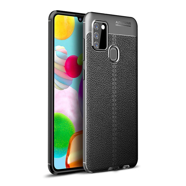 Szilikon telefonvédő (közepesen ütésálló, bőr hatású, varrás minta) FEKETE [Samsung Galaxy A21s (SM-A217F)] (5996457979851)