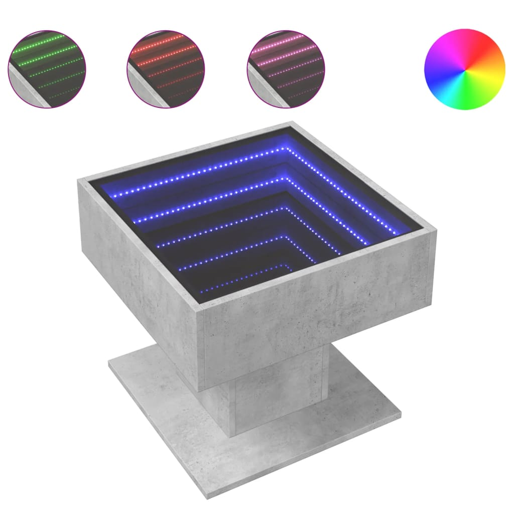 betonszürke szerelt fa dohányzóasztal LED-del 50 x 50 x 45 cm (847528)