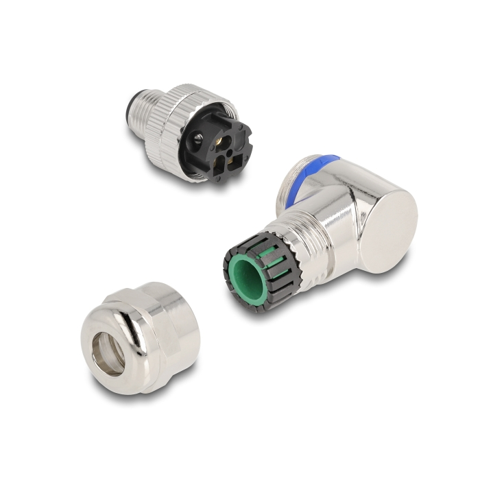 Delock M12 Csatlakozó A-kódolású, 3 tűs apa csavarozható kapcsolat 90 -os szögben fém (60539) (60539)