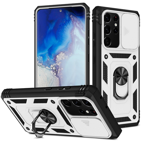 Google Pixel 6 Pro, capac din plastic din spate si cadru frontal, interior din silicon, rezistent la impact mediu, protectie pentru camera, inel pentru suport pentru telefon, armura militara Wooze, alb (116921)