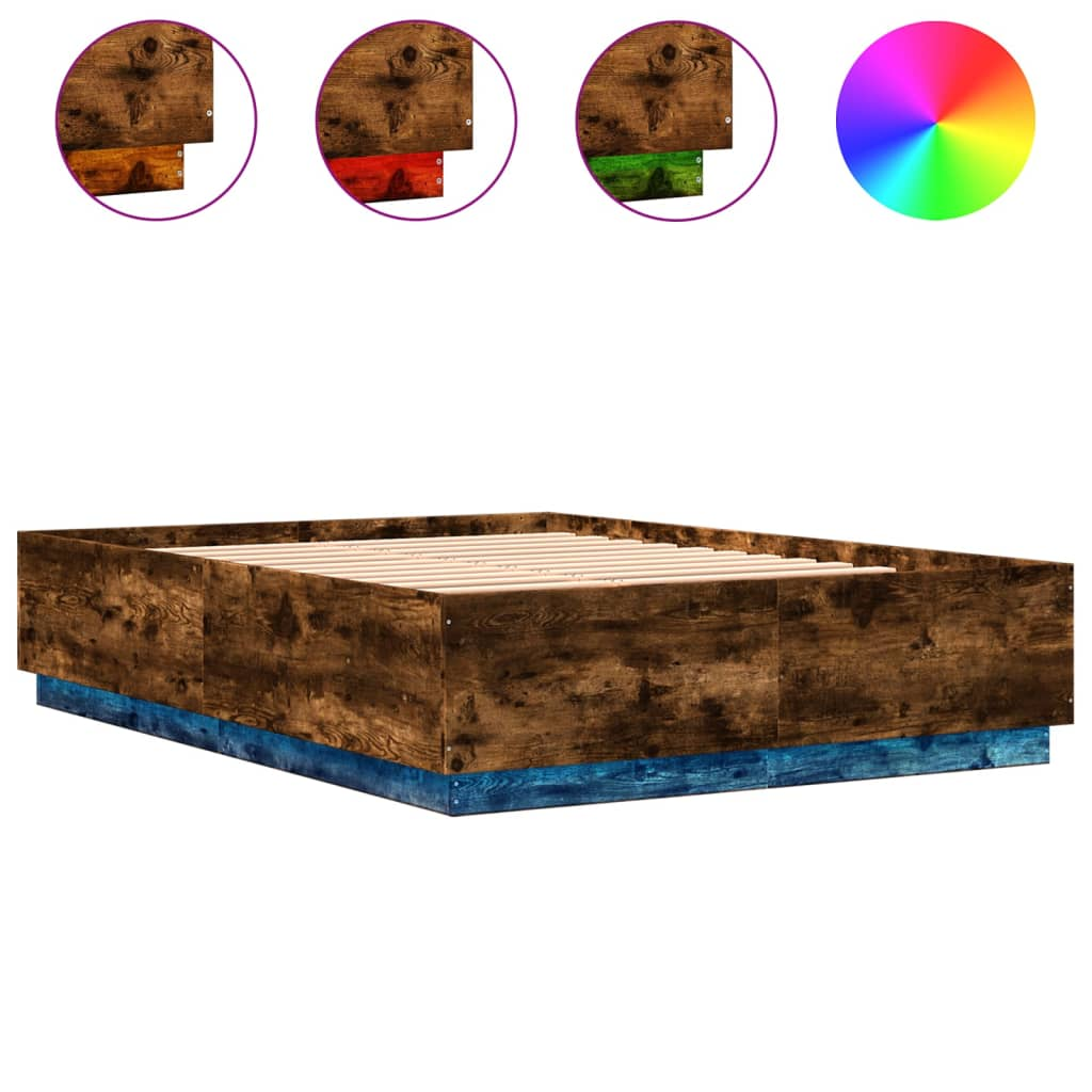 füstös tölgyszínű szerelt fa ágykeret LED-del 150x200 cm (3209608)