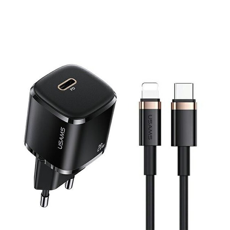 USAMS T36 Prémium Hálózati USB-C töltő (5V / 3A) + Lightning kábel Fekete (USA000843)