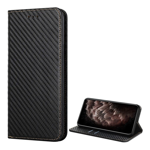 Tok álló, bőr hatású (FLIP, oldalra nyíló, asztali tartó funkció, karbon minta) FEKETE [Samsung Galaxy S22 Ultra 5G (SM-S908)] (5996591120485)