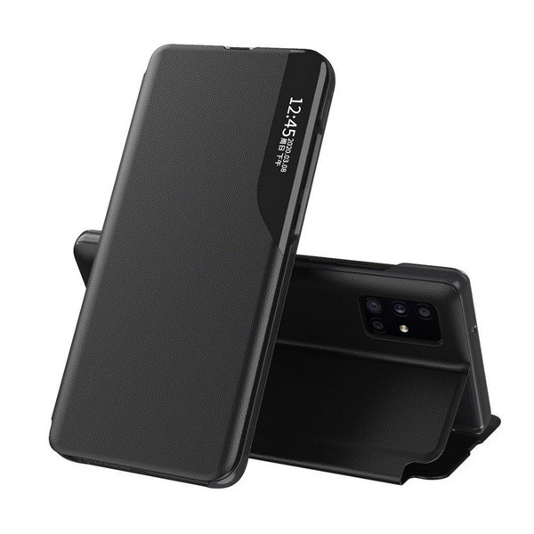 Tok álló, ECO bőr hatású (aktív FLIP, oldalra nyíló, asztali tartó funkció, hívószám kijelzés, View Window) FEKETE [Huawei P40 Pro 5G]