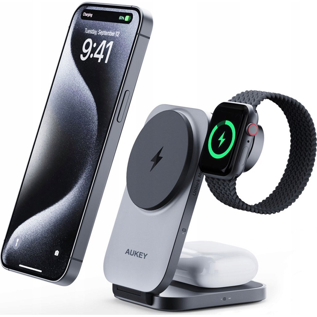 Magnetic Wireless Charger 3 in 1 MagFusion Aukey LC-MC312, 15W Qi2 (gray) (LC-MC312)