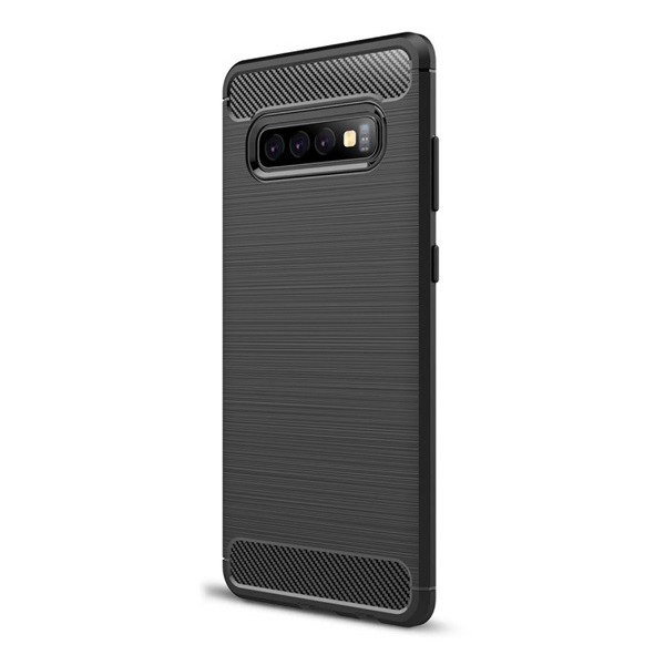 Szilikon telefonvédő (közepesen ütésálló, légpárnás sarok, szálcsiszolt, karbon minta) FEKETE [Samsung Galaxy S10 Plus (SM-G975)] (5996457848010)