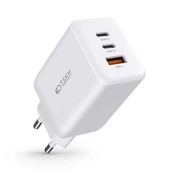 Incarcator retea TECH-PROTECT C65W, USB si 2x USB-C, Power Delivery 65W, Quick Charge 3.0, Alb