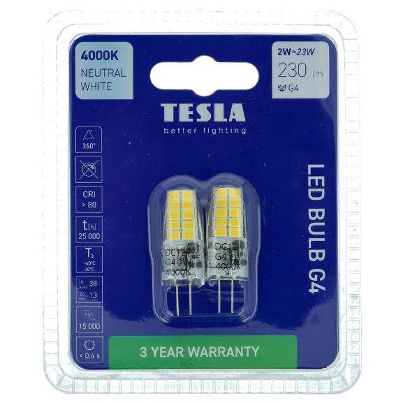 Tesla - G4, 2W, 12V, 230lm, 25 000h LED izzó, 4000K nappali fehér, 2db (G4000240-2PACK2)