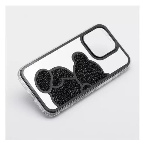 Teddy Bear iPhone 16 Pro csillogó köves tok fehér-fekete (101222)