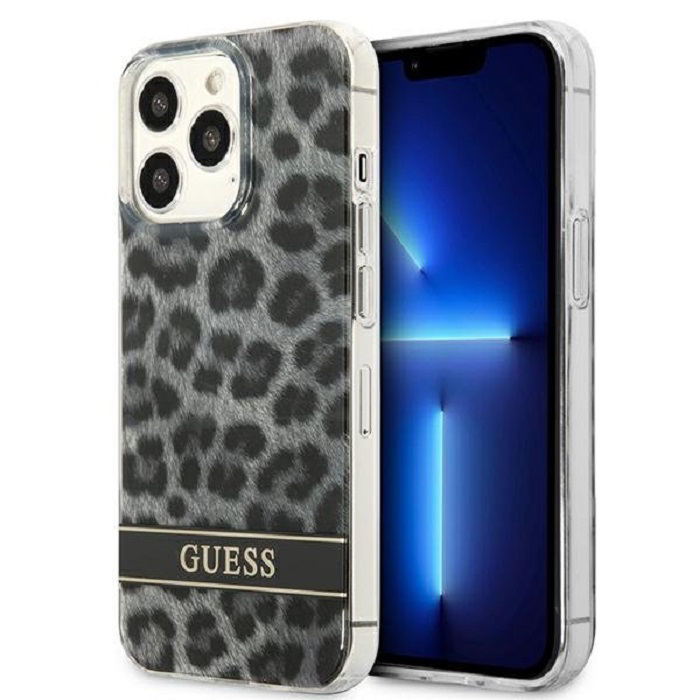 Guess Leopard Electro Stripe Apple iPhone 13 Pro Szilikon Tok - Szürke (GUHCP13LHSLEOK)