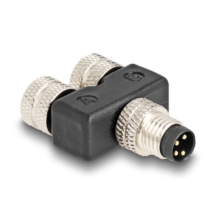 Delock M8 Y-megosztó A-kódolt 4 tűs 1 x apa - 2 db. hüvely párhuzamos kapcsolással (60577) (60577)