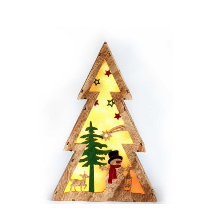 IRIS Fenyőfa alakú hóember mintás/20x29,5x4,5cm/meleg fehér LED-es fa fénydekoráció (310-13) (310-13)