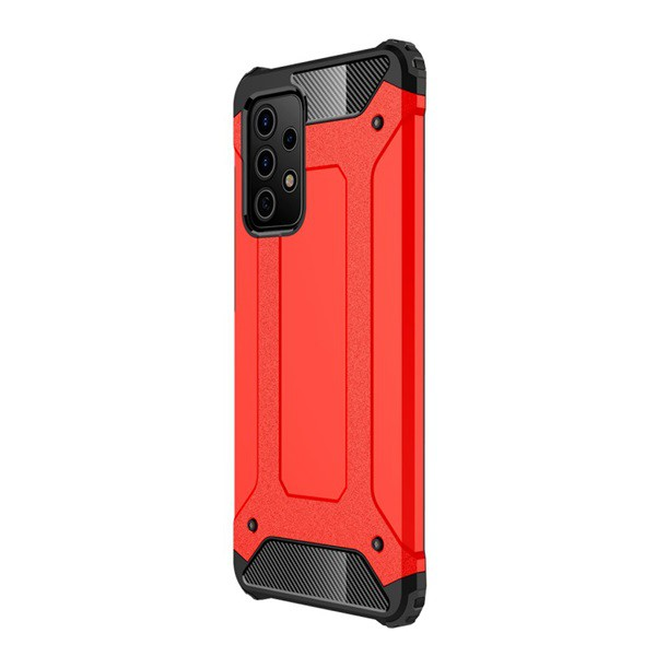 Пластмасов протектор за телефон Samsung Galaxy A72 4G (Sm-A725F), Galaxy A72 5G (Sm-A726F) Defender (средно удароустойчив, ъгъл с въздушна възглавница, силиконова вътрешна част, метален ефект) червен