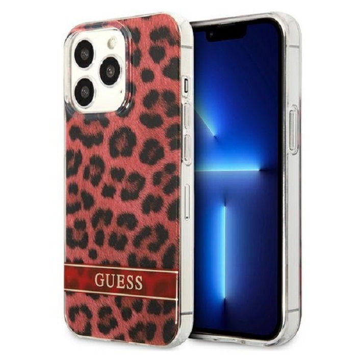 Guess Leopard Electro Stripe Apple iPhone 13 Pro Szilikon Tok - Piros (GUHCP13LHSLEOR)
