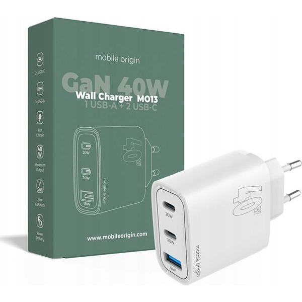 Mobile Origin GaN 40W nabíječka MO13 1 USB-A + 2 x USB-C bílá