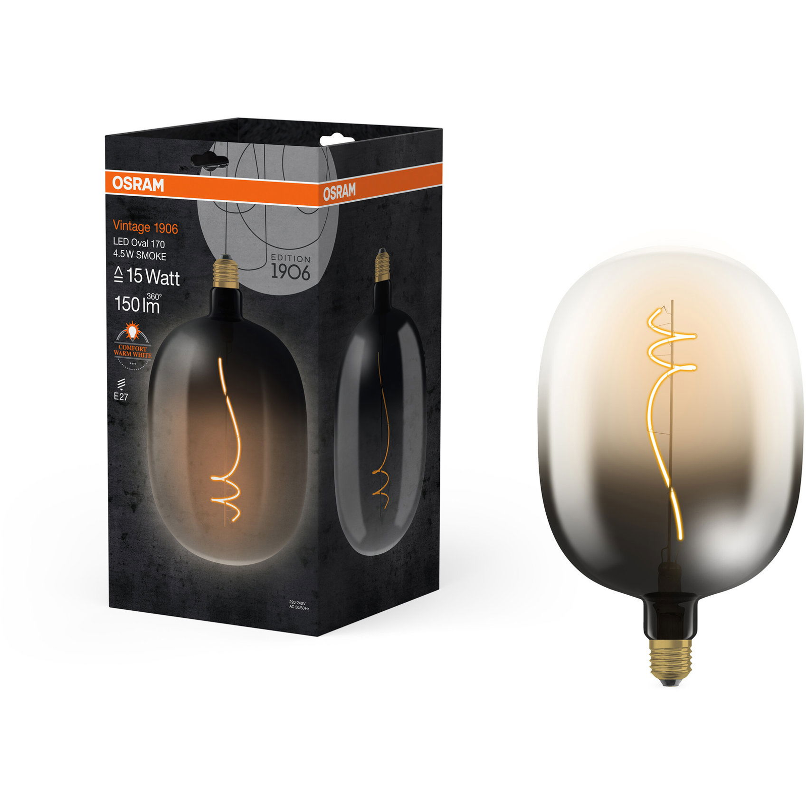 OSRAM LED izzó, füstös, ovális, E27, 4,5 W, VINTAGE, meleg fehér (4058075836181)