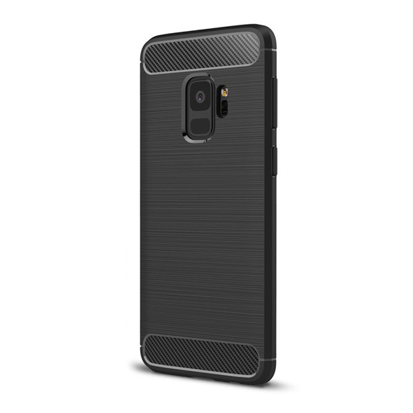 Szilikon telefonvédő (közepesen ütésálló, légpárnás sarok, szálcsiszolt, karbon minta) FEKETE [Samsung Galaxy S9 (SM-G960)] (5996457744848)