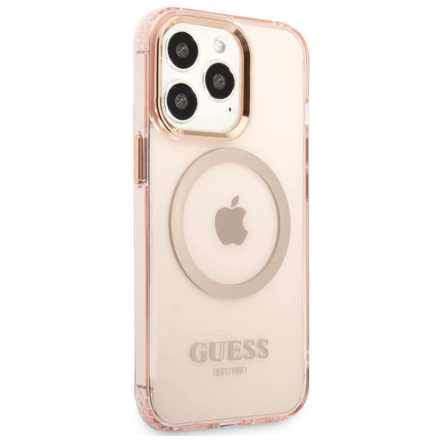 Guess Gold Outline MagSafe Apple iPhone 13 Pro Max Tok - Rózsaszín/Áttetsző (GUHMP13XHTCMP)