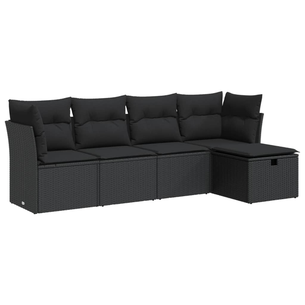 5 részes fekete polyrattan kerti kanapészett párnákkal