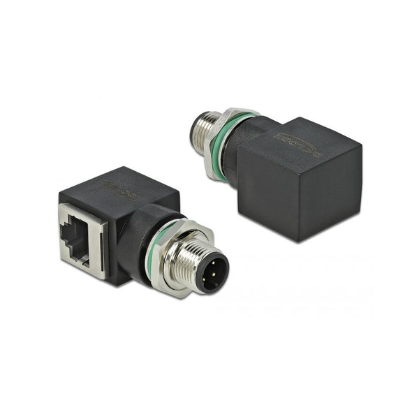 Sieťový adaptér M12 4-pin D-kódovaný samec na RJ-45 samica, uhlový Delock
