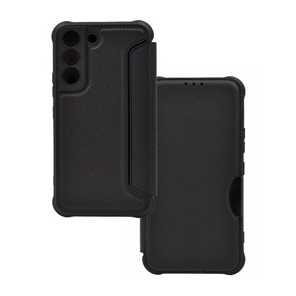 Samsung Galaxy S22 5G SM-S901, калъф със странично отваряне, ъгъл с въздушна възглавница, кожен ефект, карбонов модел, Razor Book, черен (RS129179)