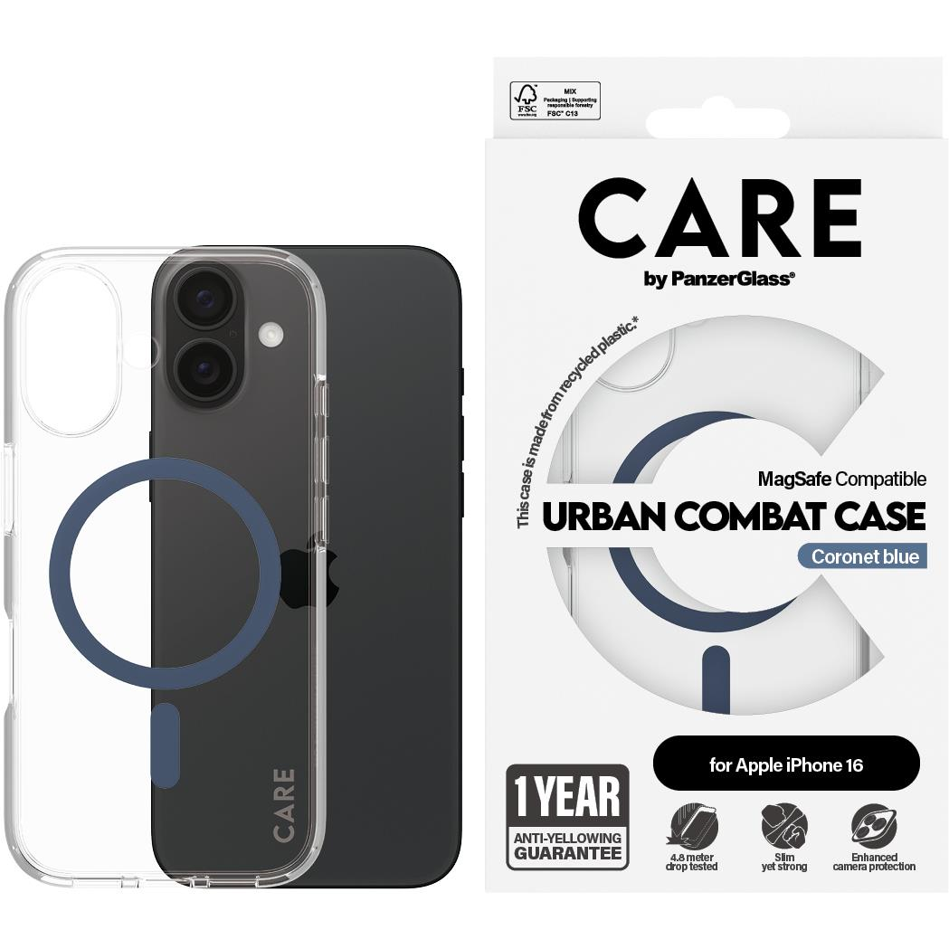 PanzerGlass CARE Apple iPhone 16 MagSafe Combat átlátszó/kék nem sárguló tok (1365)