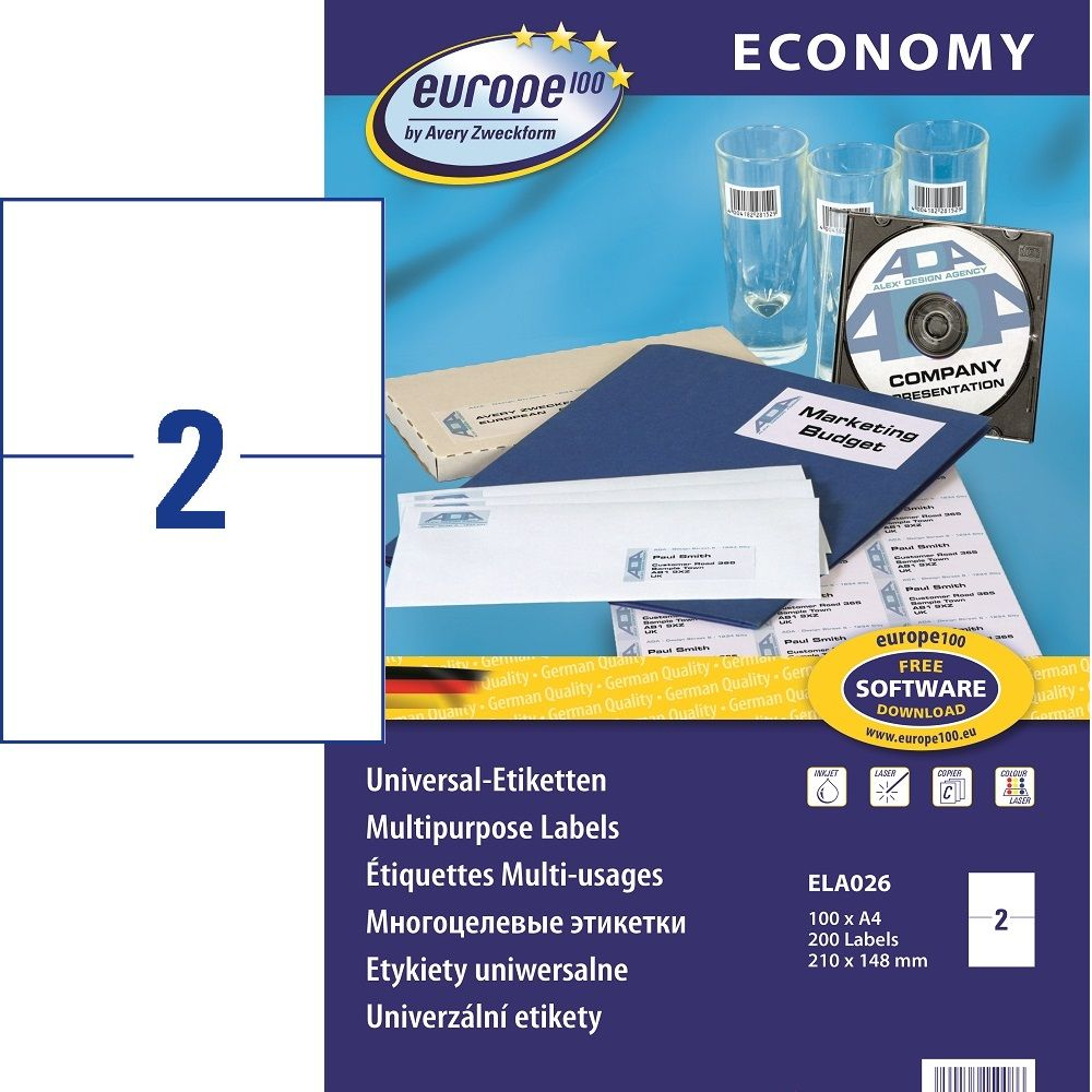 Avery Zweckform 210 x 148 mm Címke tintasugaras és lézer nyomtatóhoz (200 db / csomag) (ELA026)