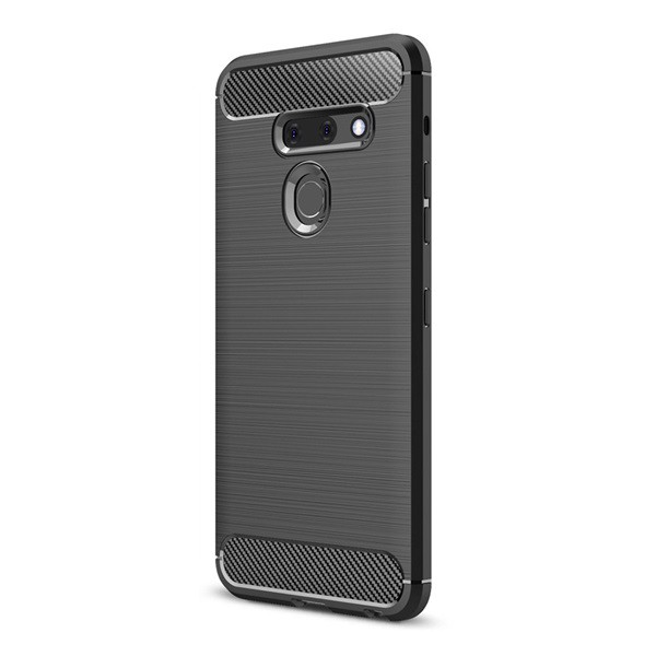 Szilikon telefonvédő (közepesen ütésálló, légpárnás sarok, szálcsiszolt, karbon minta) FEKETE [LG G8 ThinQ (G820Q)] (5996457866052)