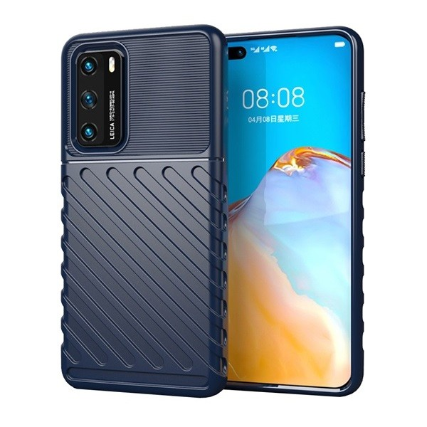 Huawei P40, Szilikon tok, közepesen ütésálló, domború csíkos minta, sötétkék (G97159)