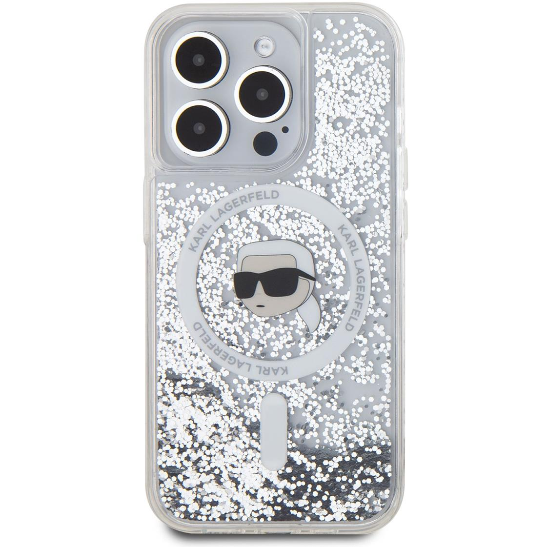 Karl Lagerfeld Liquid Glitter Karl Head iPhone 15 Pro MagSafe átlátszó tok (KLHMP15LLGKISGH)