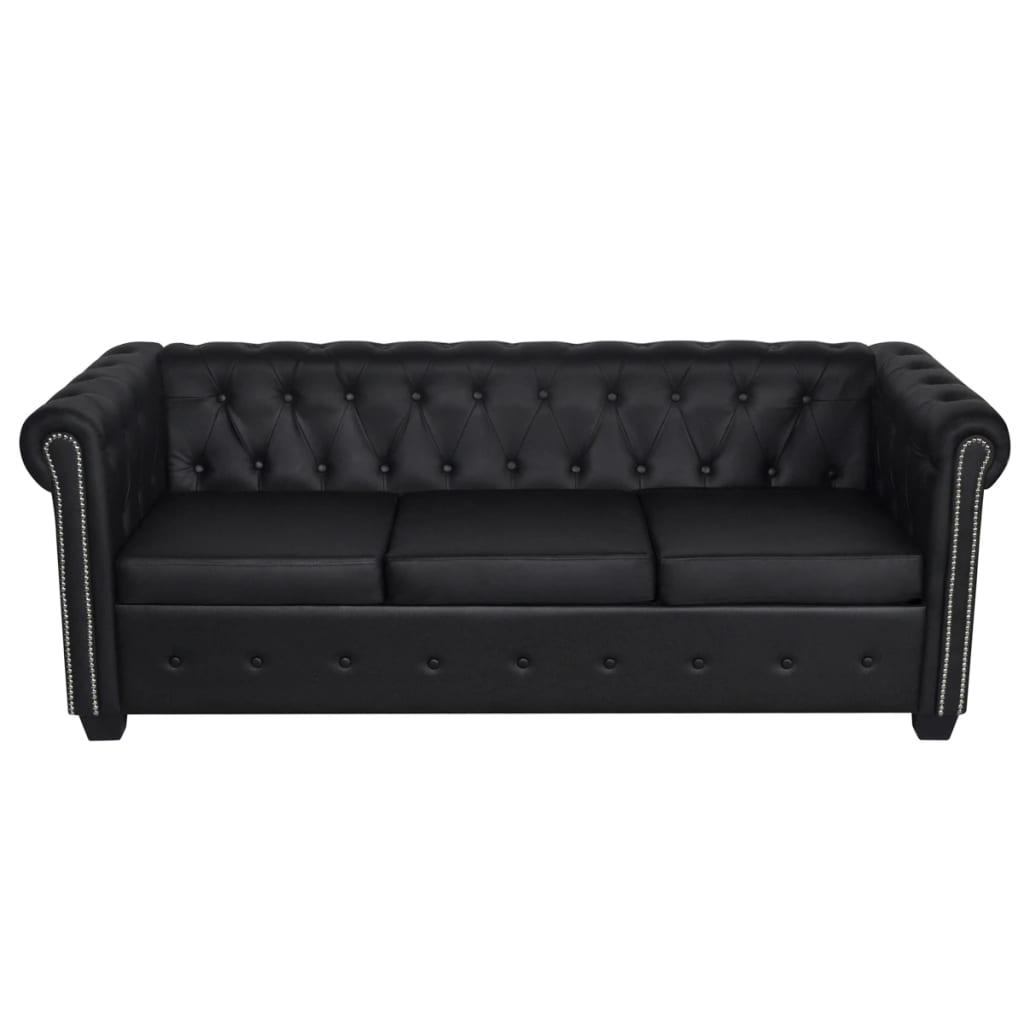3 személyes fekete műbőr Chesterfield kanapé (242370)
