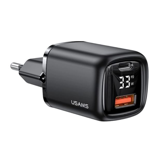 USAMS T46 hálózati töltő USB-A + USB-C aljzat (5V/3A, 33W, PD gyorstöltő 3.0, LED kijelző) fekete (CC152TC01) (CC152TC01)