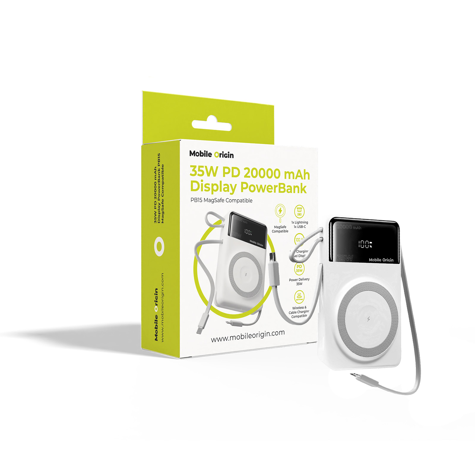 Външна батерия Mobile Origin PB15 20 000 mAh — MO-35WPDD-PB15, бяла