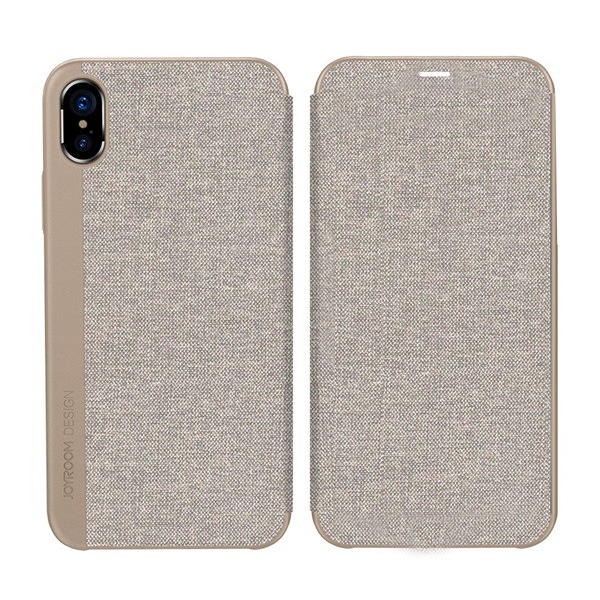 JOYROOM LEON tok álló, bőr hatású (aktív FLIP, oldalra nyíló, textilbevonat) VILÁGOSBARNA [Apple iPhone XS 5.8] (JR-BP357_K)