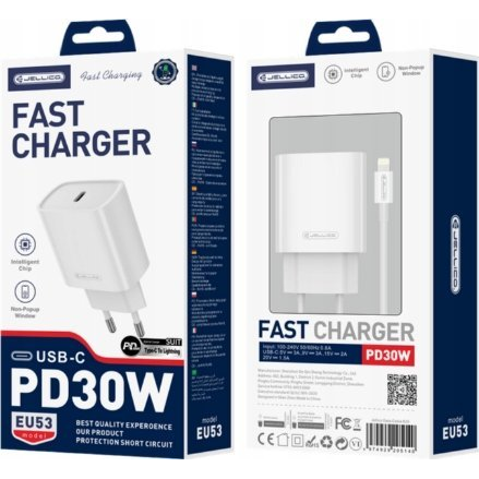Ładowarka Jellico JELLICO ładowarka sieciowa EU53 PD 30W 1xUSB-C + kabel USB-C - Lightning Biały