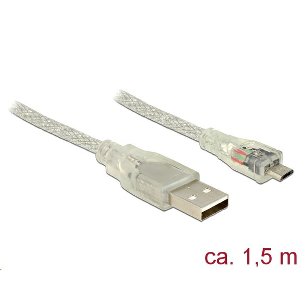 Delock USB 2.0-s kábel A-típusú csatlakozó > USB 2.0 Micro-B csatlakozó 1,5 m áttetsző (83899)