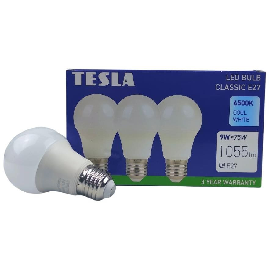 Tesla - LED izzó BULB E27, 9W, 230V, 1055lm, 25 000h, 6500K hideg fehér, 220st 3db csomagban (BL270965-3PACK)