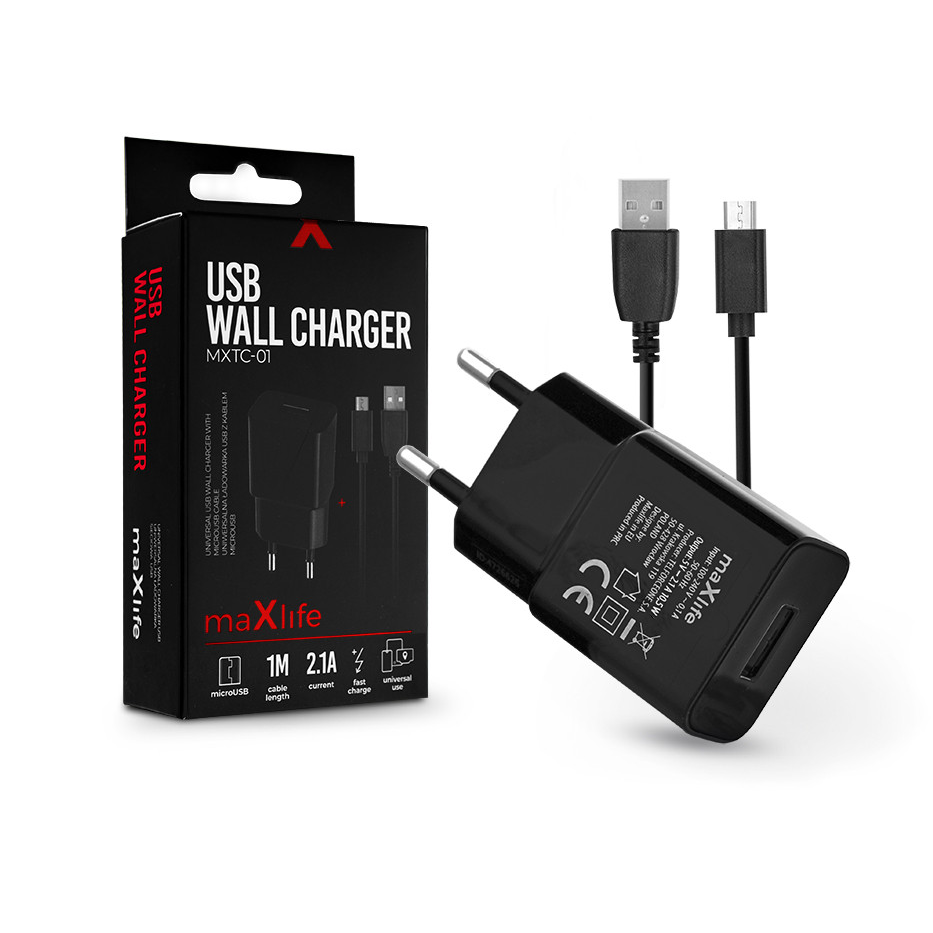 Maxlife USB hálózati töltő adapter + micro USB adatkábel 1 m-es vezetékkel - Maxlife MXTC-01 USB Wall Charger - 5V/2,1A - fekete (TF-0125)