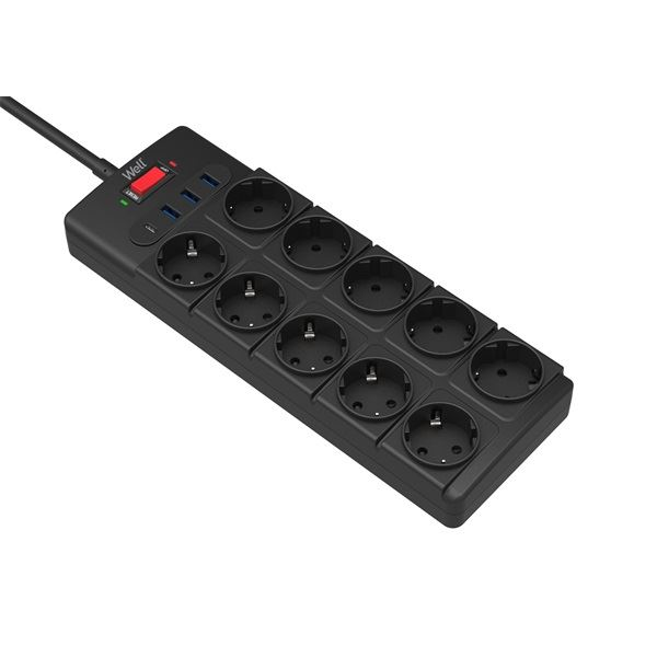 Well 10-es hálózati elosztó 3x USB-A, 1x USB-C 2m fekete (EXTS-10S2M-PROT/USBC4BK-WL) (EXTS-10S2M-PROT/USBC4BK-WL)