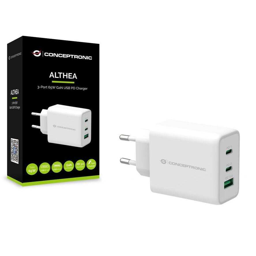 CONCEPTRONIC Ladegerät 3Port 65W,2xUSB-C/1xUSB-A PD weiß (ALTHEA12W)