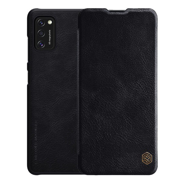 NILLKIN QIN tok álló, bőr hatású (FLIP, oldalra nyíló, bankkártya tartó) FEKETE [Samsung Galaxy A41 (SM-A415F)] (5996457950935)