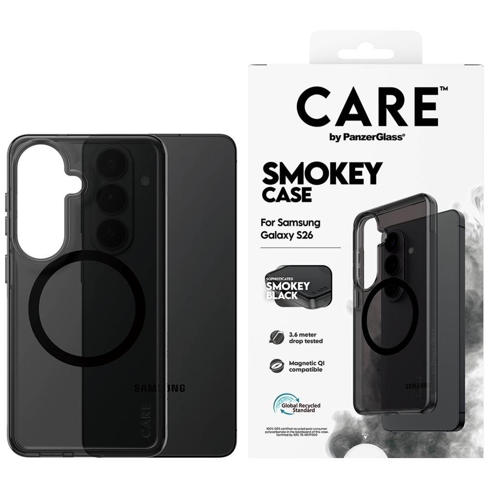 PanzerGlass CARE™ by ® Smokey Case w. Black Qi Samsung Galaxy S26 carcasă pentru telefon mobil Copertă Negru
