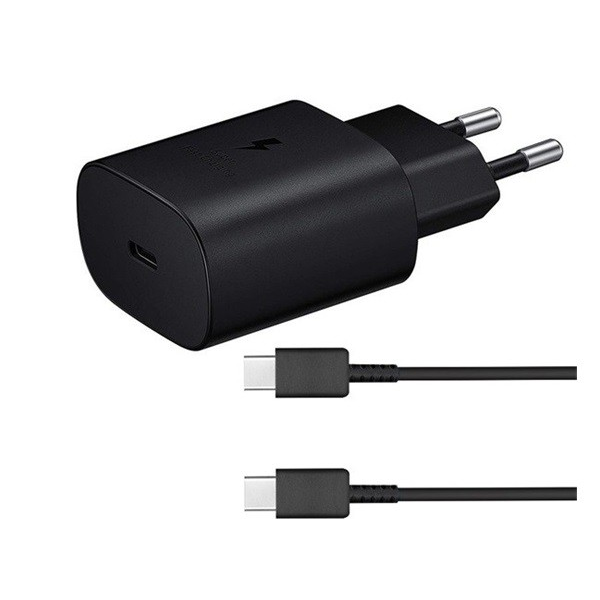 SAMSUNG hálózati töltő Type-C aljzat (5V / 3000mA, 25W, PD gyorstöltés támogatás + EP-DG980BBE Type-C kábel) FEKETE (EP-TA800EBE / EP-DG980BBE) (EP-TA800EBE / EP-DG980BBE)