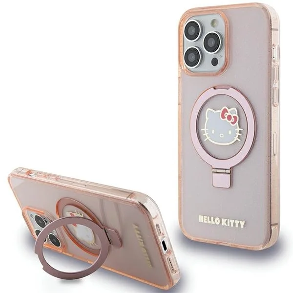 Hello Kitty IML Ringstand Glitter iPhone 15 Pro Max MagSafe telefon tok kitámasztóval - Pink (HKHMP15XHRSGEP)