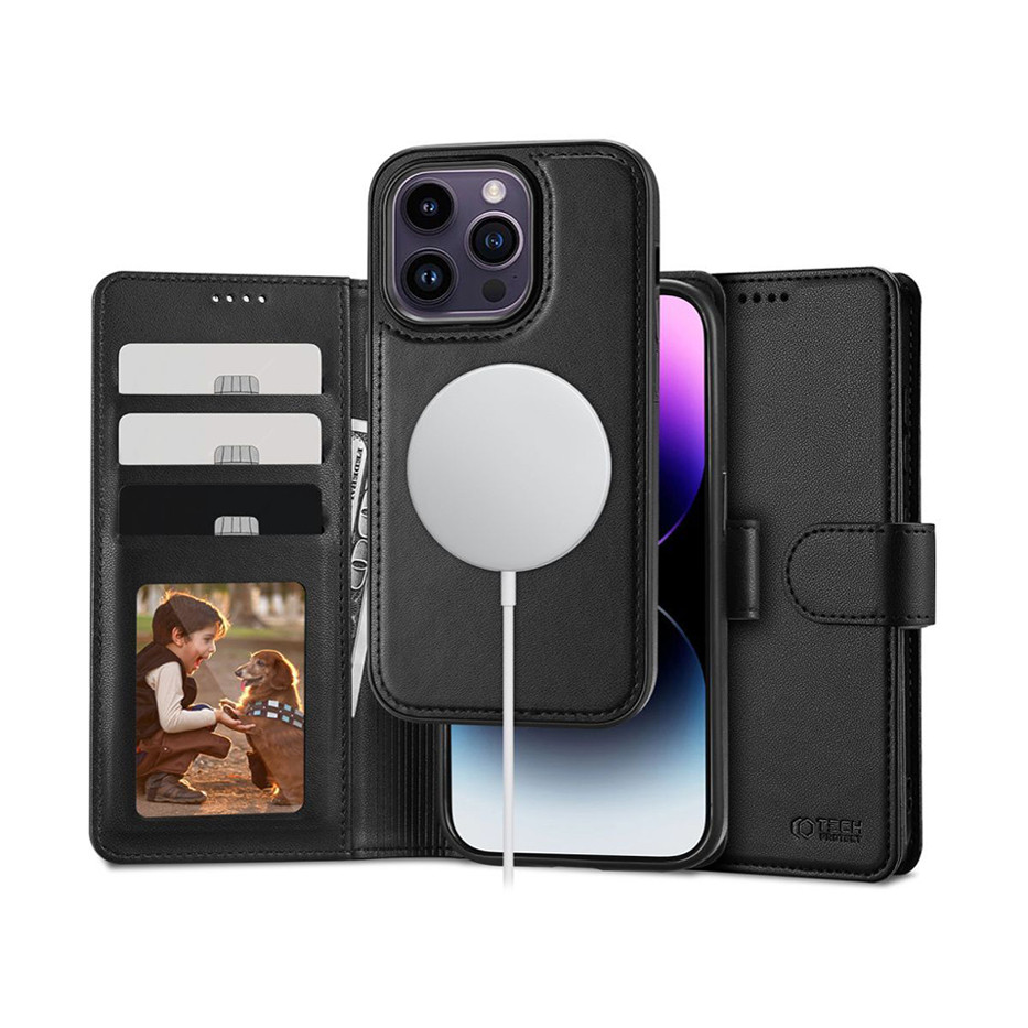 Tech-Protect Wallet flipes bőrtok + Magsafe hátlap - Apple iPhone 15 Pro Max - fekete (TP603989)